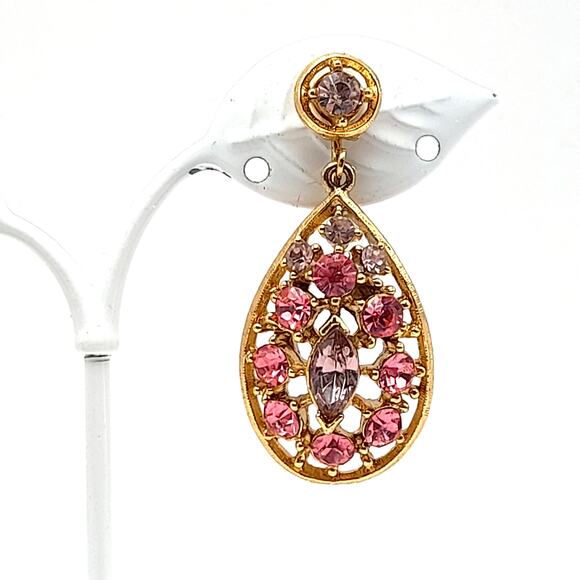 Vintage Pink & Lavender Rhinestone Dangle Clip Earrings - Picture 4 of 8
